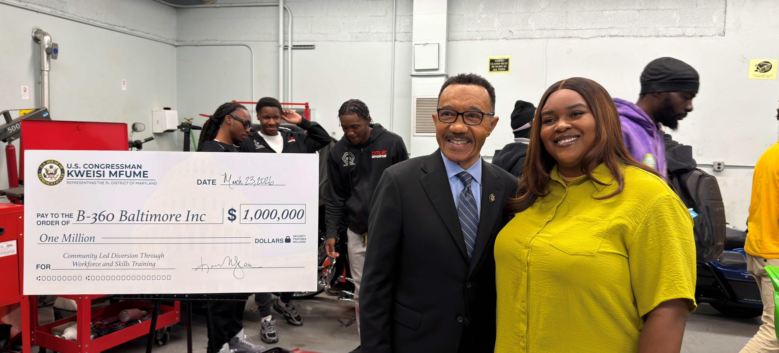 Congressman Mfume Presents B-360 Baltimore with $1,000,000 in Federal Funding for their Community Led Diversion Through Workforce and Skills Training Project