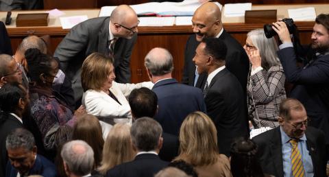 Congressman Mfume greets Speaker Pelosi on the House floor 